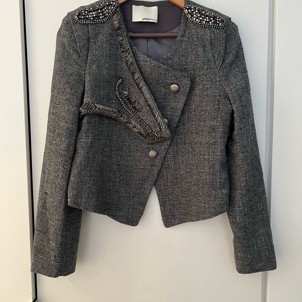 PHILLIP LIM gray tweed cropped blazer with rhinestone detail - NWOT size Medium